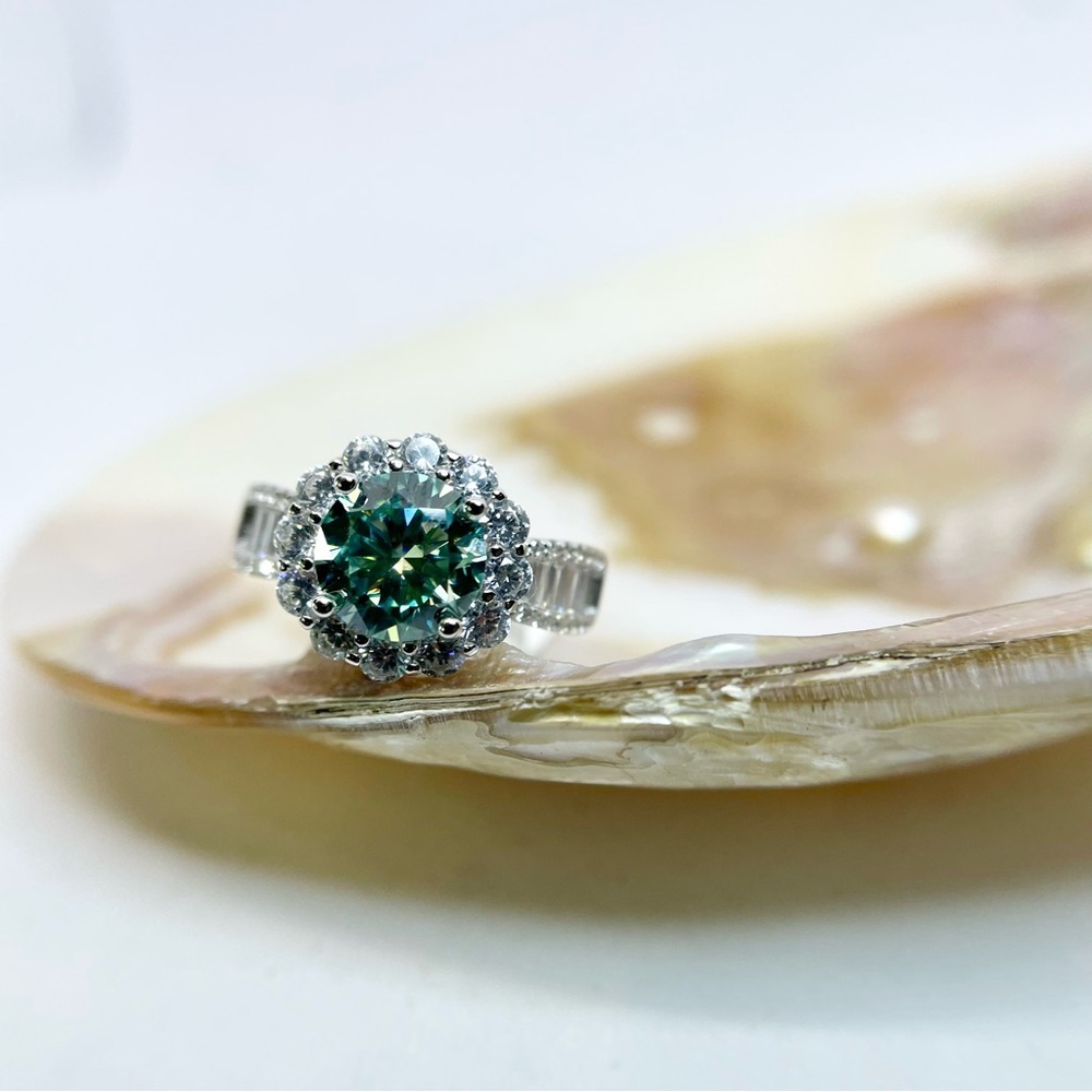 Moissanite Halo Ring Aqua Blue Center & Baguette Accents 18K White Gold Finish - Picture 14 of 16